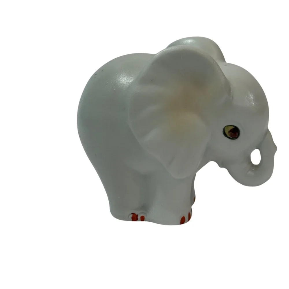 Whimsical Vintage White Bone China Baby Elephant Figurine Miniature Red Toenails